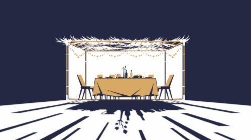 Illustration of a glowing sukkah at night, warm light shining through its walls.