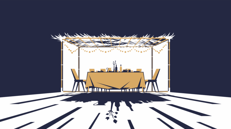 Illustration of a glowing sukkah at night, warm light shining through its walls.